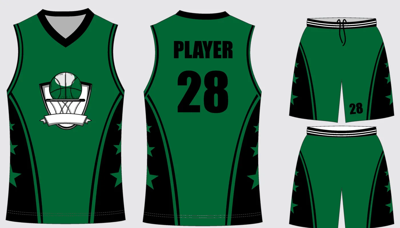 Basketball jersey and shorts Forest Onyx in forest green and jet black, front and back views