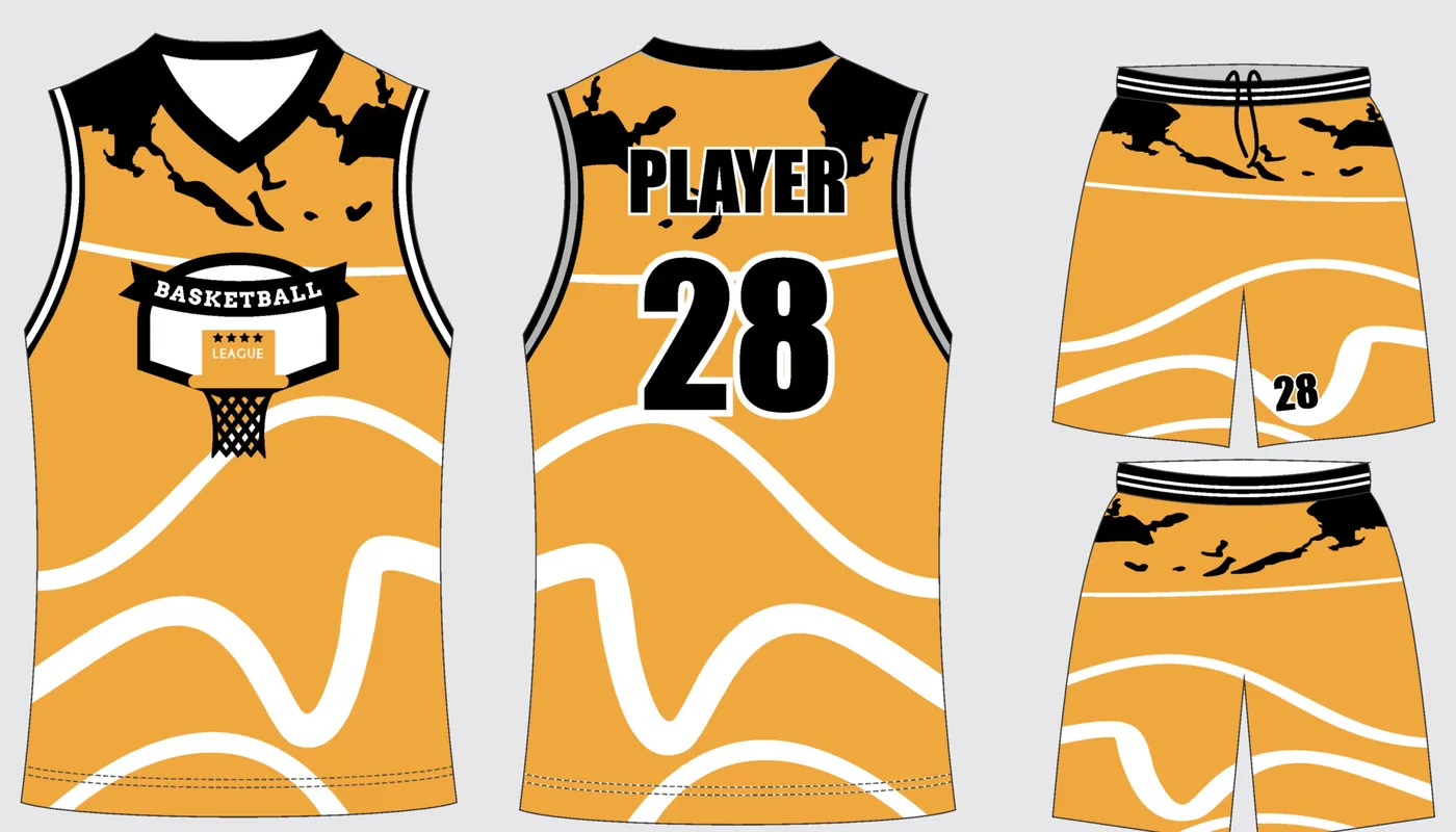 Front and back of the Gold Onyx basketball jersey in gold and jet black, with shorts