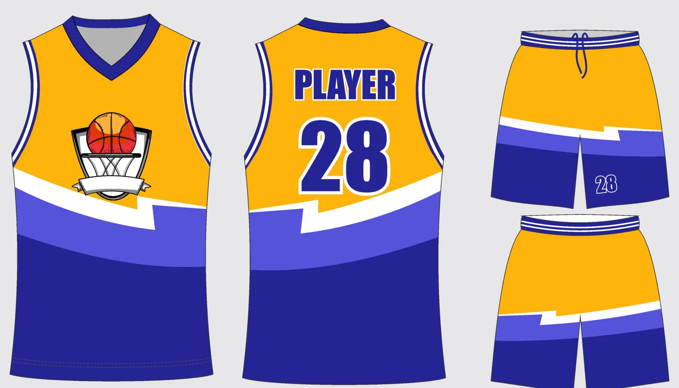 Indigo Gold team basketball uniform in indigo blue and gold: sleeveless jersey and shorts, front and back