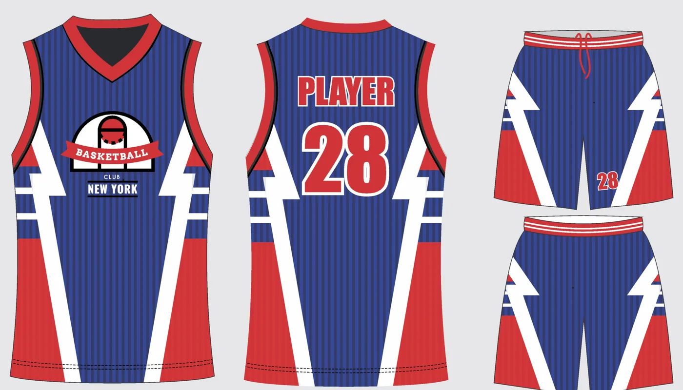 Indigo Scarlet team basketball uniform in indigo blue and scarlet red: sleeveless jersey and shorts, front and back
