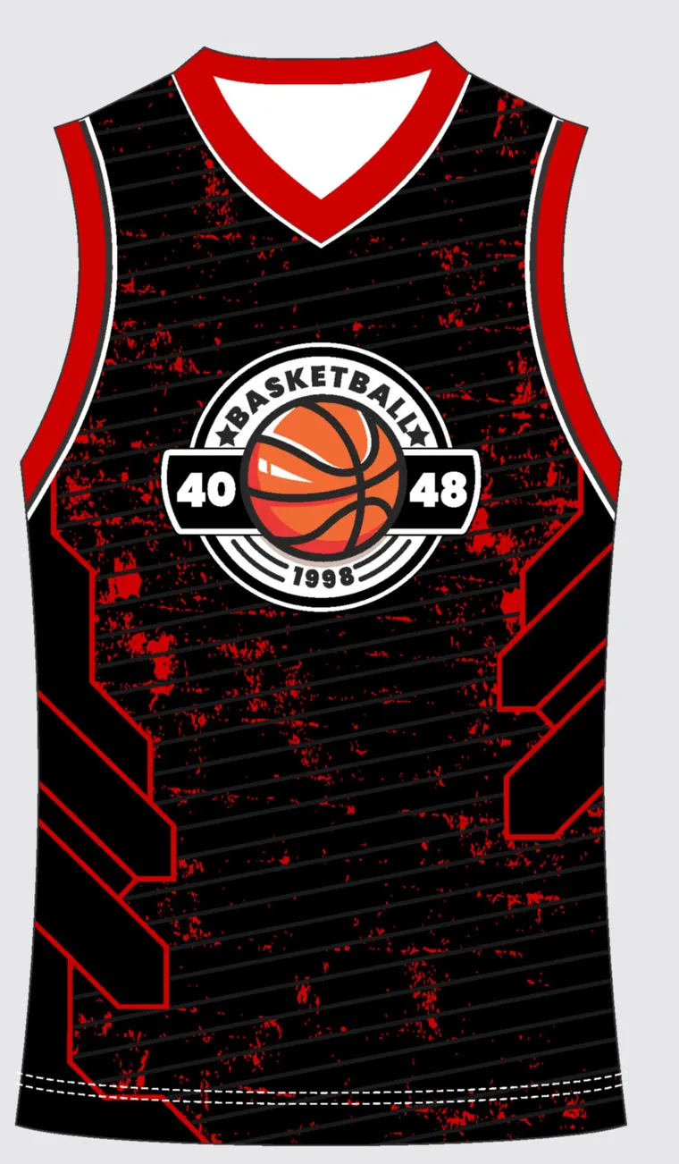 Basketball Uniform Onyx Crimson Crest — custom sublimated jersey design