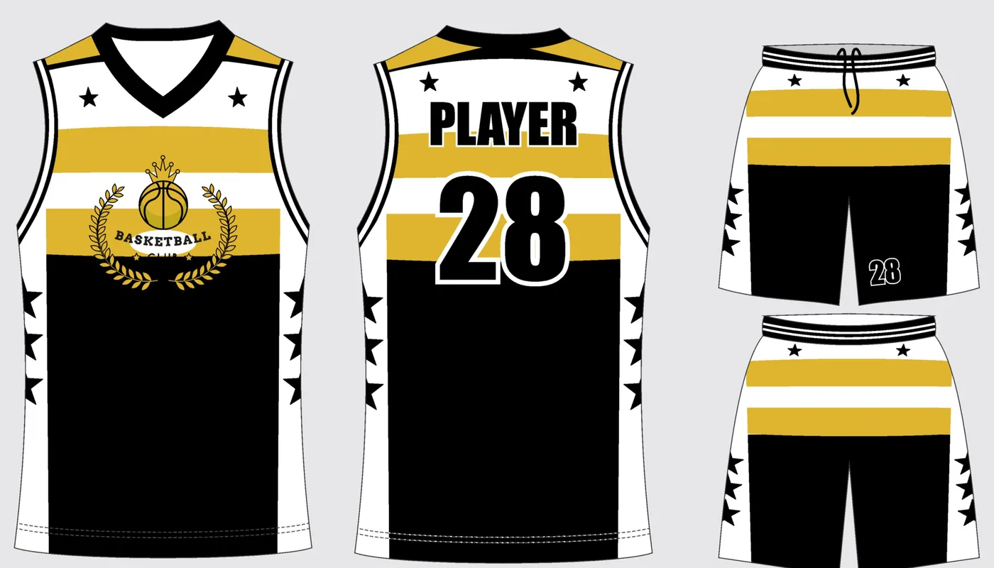Onyx Gold team basketball uniform in jet black and gold: sleeveless jersey and shorts, front and back