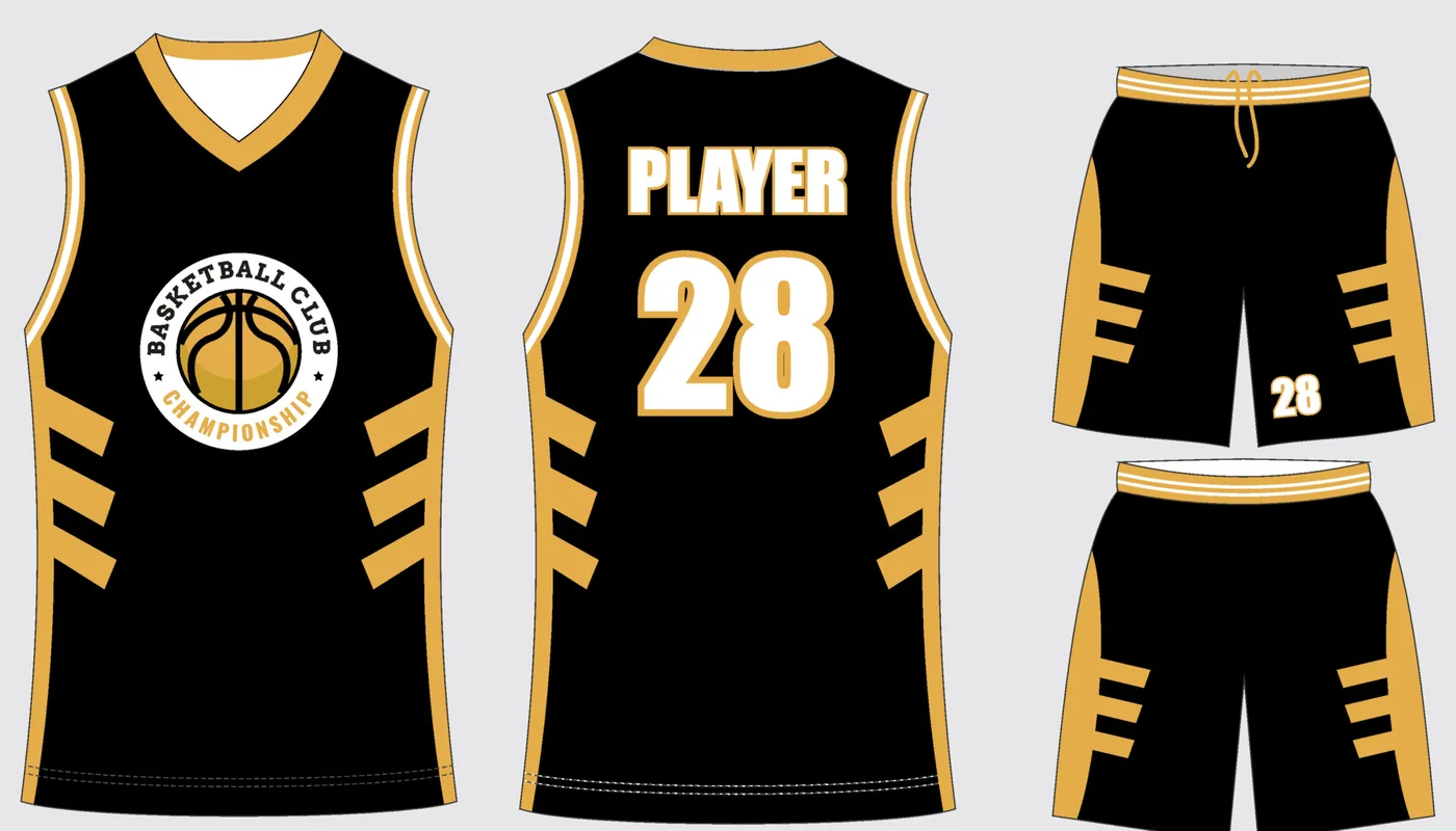 Basketball jersey and shorts Onyx Gold Strike in jet black and gold, front and back views