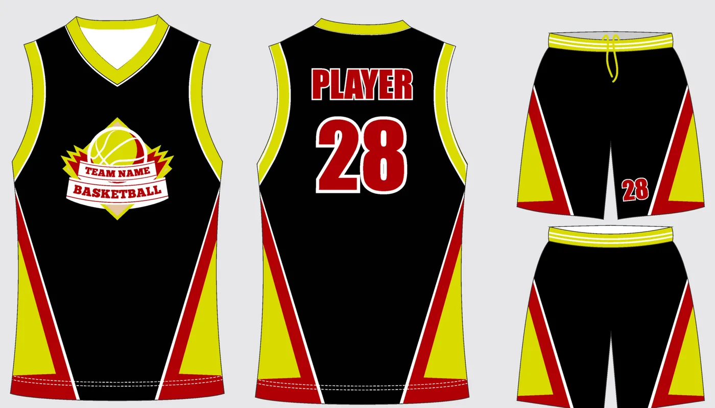 Basketball jersey and shorts Onyx Gold Vortex in jet black and gold, front and back views